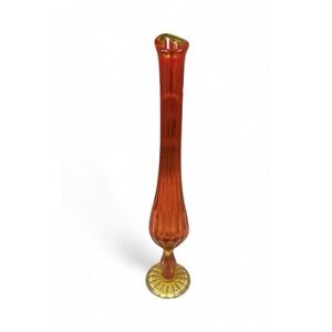 VTG FENTON Glass 12" VALENCIA AMBERINA Red Orange Swung Vase GLOWS